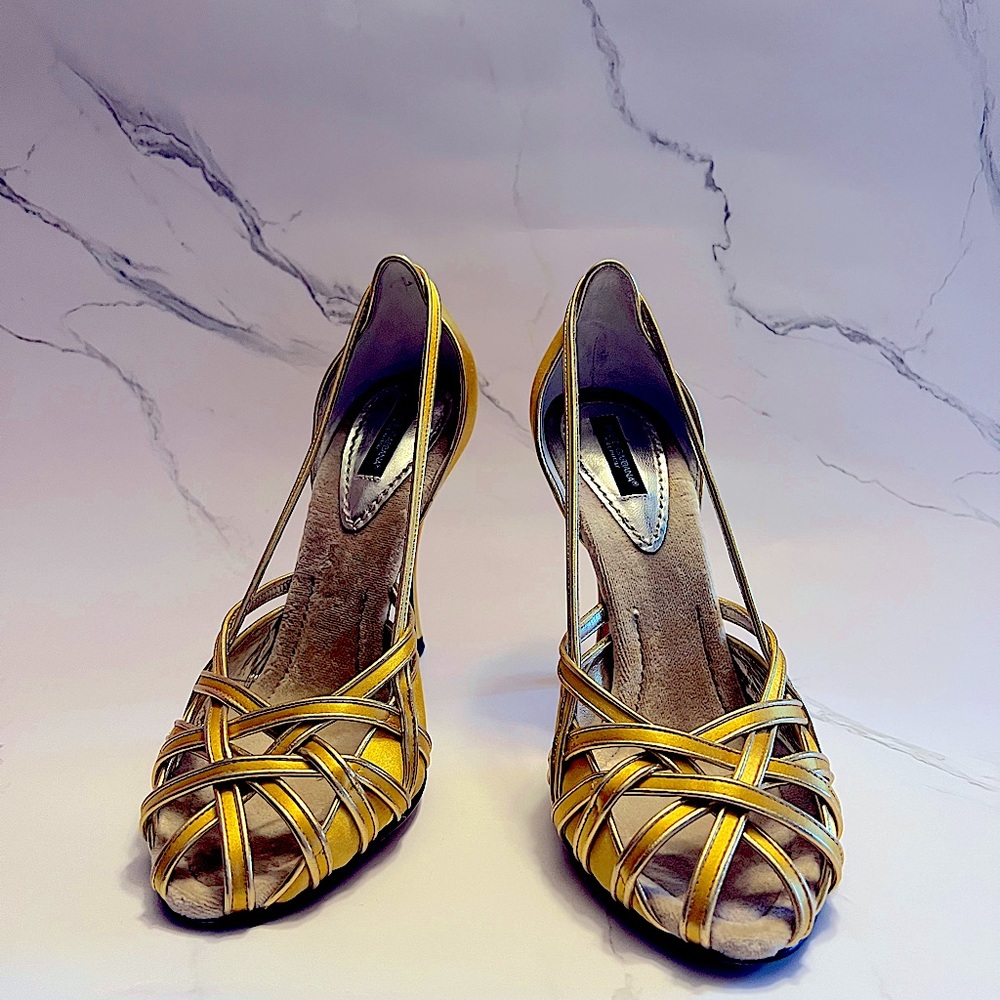 Dolce & Gabbana gold satin strappy heels.  Size 38.